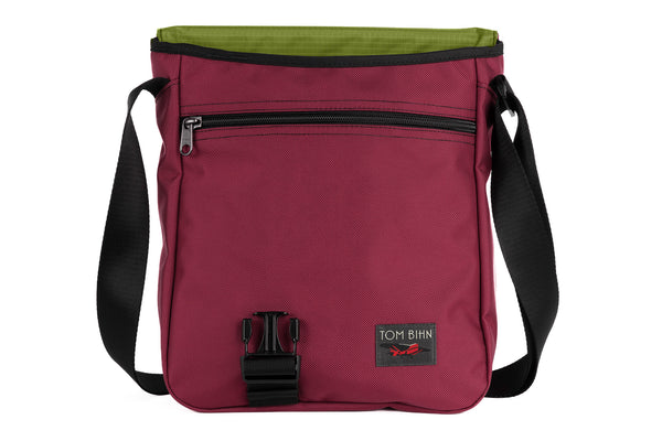 Medium Cafe Bag in Raspberry (pale red) Ballistic with Moss 210 Cerylon interior.